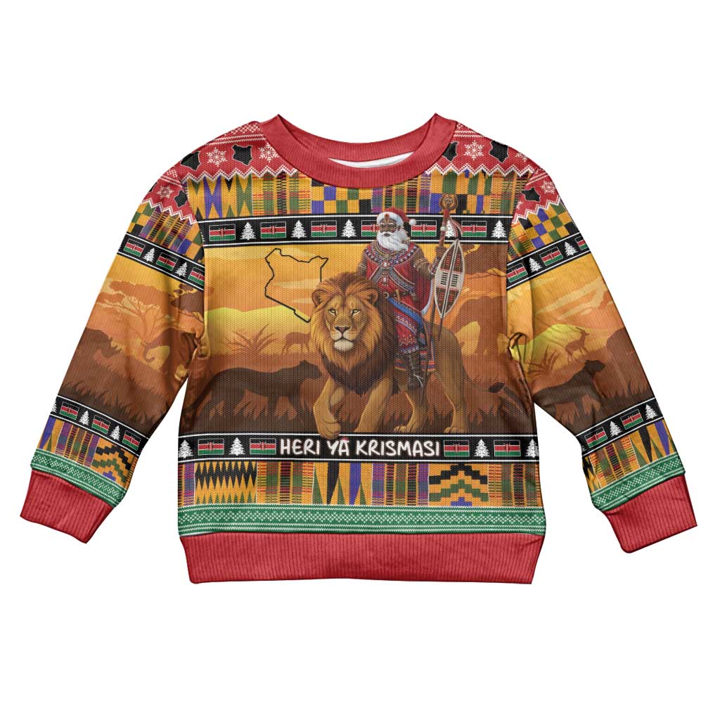 Kenya Safari Christmas Kid Ugly Christmas Sweater Black Santa Riding Lion - Heri ya Krismasi - Wonder Print Shop