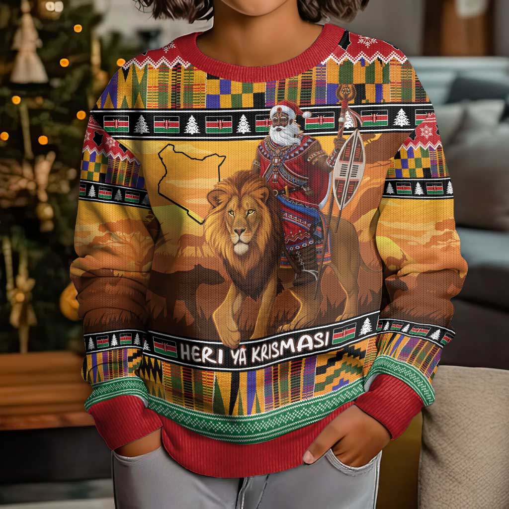 Kenya Safari Christmas Kid Ugly Christmas Sweater Black Santa Riding Lion - Heri ya Krismasi - Wonder Print Shop