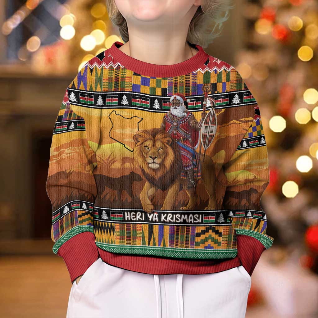 Kenya Safari Christmas Kid Ugly Christmas Sweater Black Santa Riding Lion - Heri ya Krismasi - Wonder Print Shop