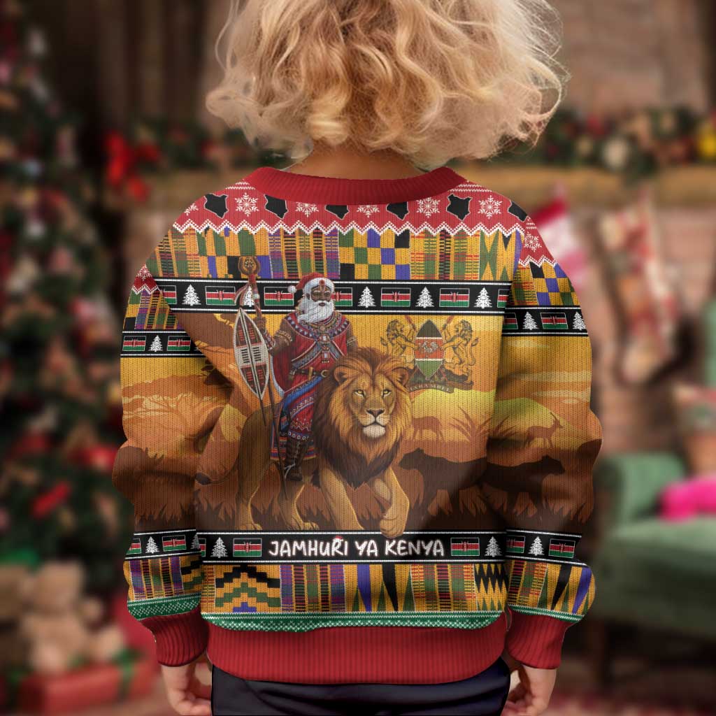 Kenya Safari Christmas Kid Ugly Christmas Sweater Black Santa Riding Lion - Heri ya Krismasi - Wonder Print Shop