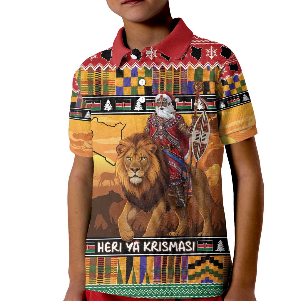 Kenya Safari Christmas Kid Polo Shirt Black Santa Riding Lion - Heri ya Krismasi - Wonder Print Shop