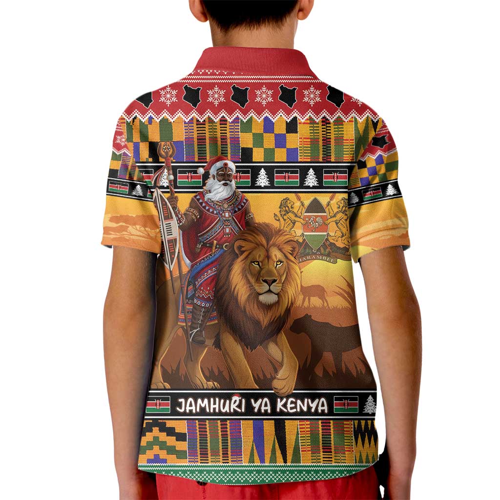 Kenya Safari Christmas Kid Polo Shirt Black Santa Riding Lion - Heri ya Krismasi - Wonder Print Shop