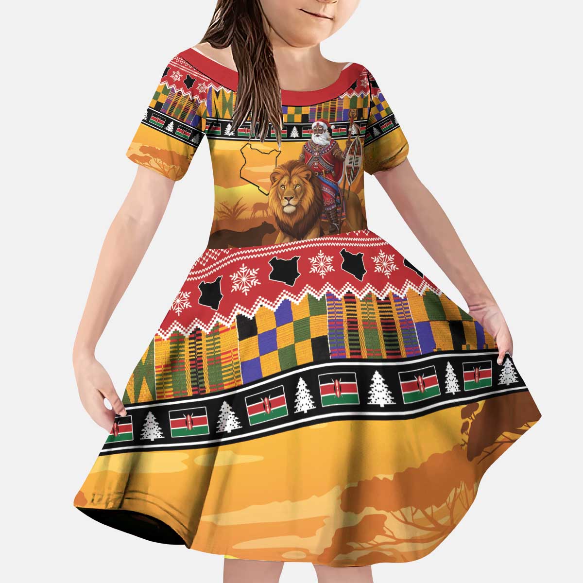 Kenya Safari Christmas Kid Short Sleeve Dress Black Santa Riding Lion - Heri ya Krismasi - Wonder Print Shop