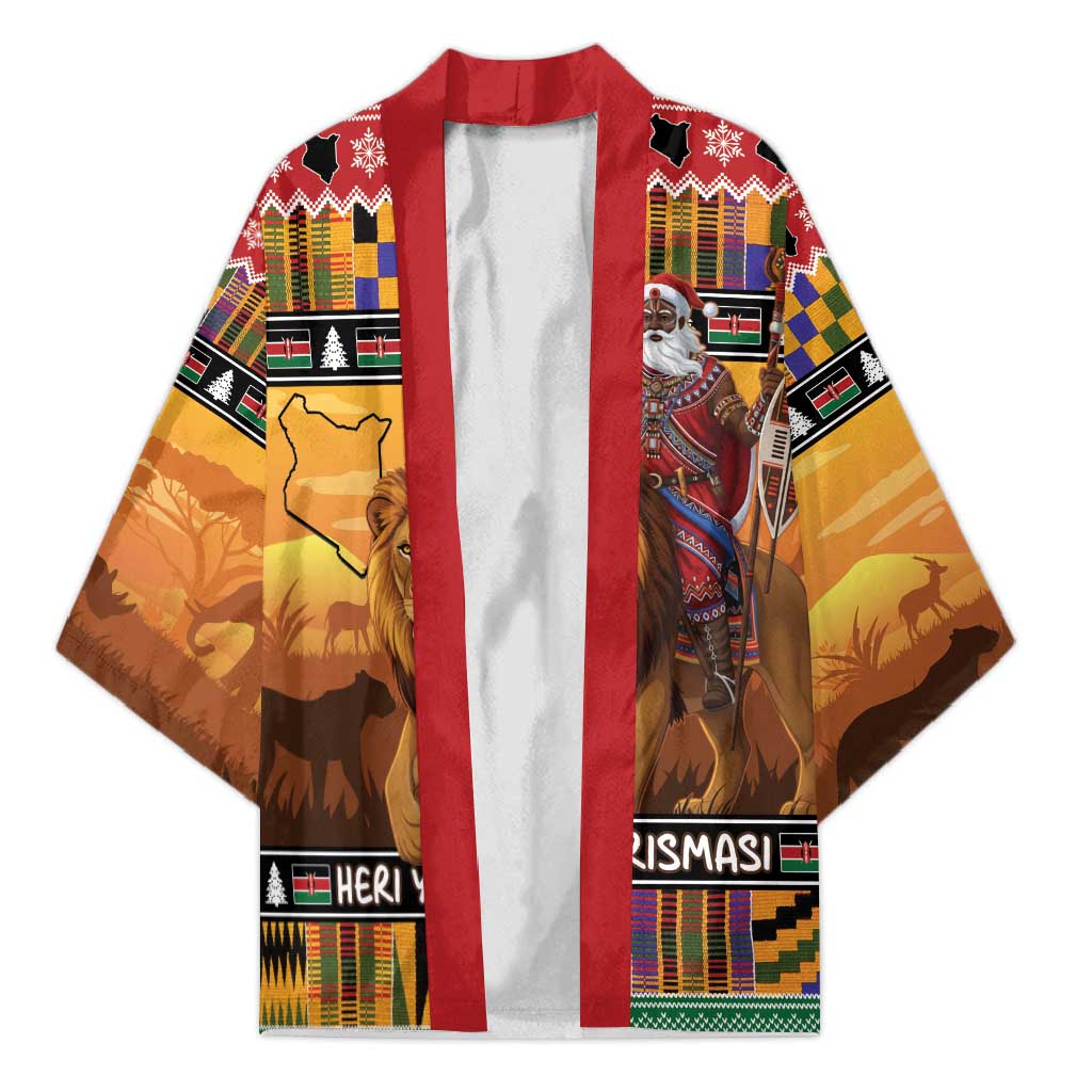 Kenya Safari Christmas Kimono Black Santa Riding Lion - Heri ya Krismasi - Wonder Print Shop