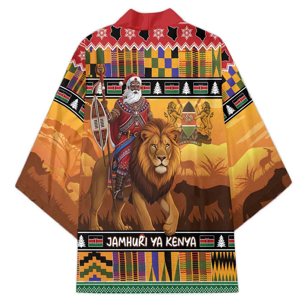 Kenya Safari Christmas Kimono Black Santa Riding Lion - Heri ya Krismasi - Wonder Print Shop
