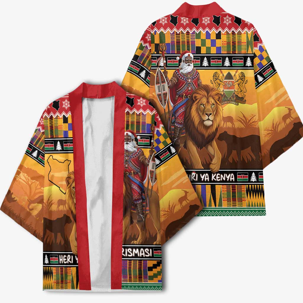 Kenya Safari Christmas Kimono Black Santa Riding Lion - Heri ya Krismasi - Wonder Print Shop