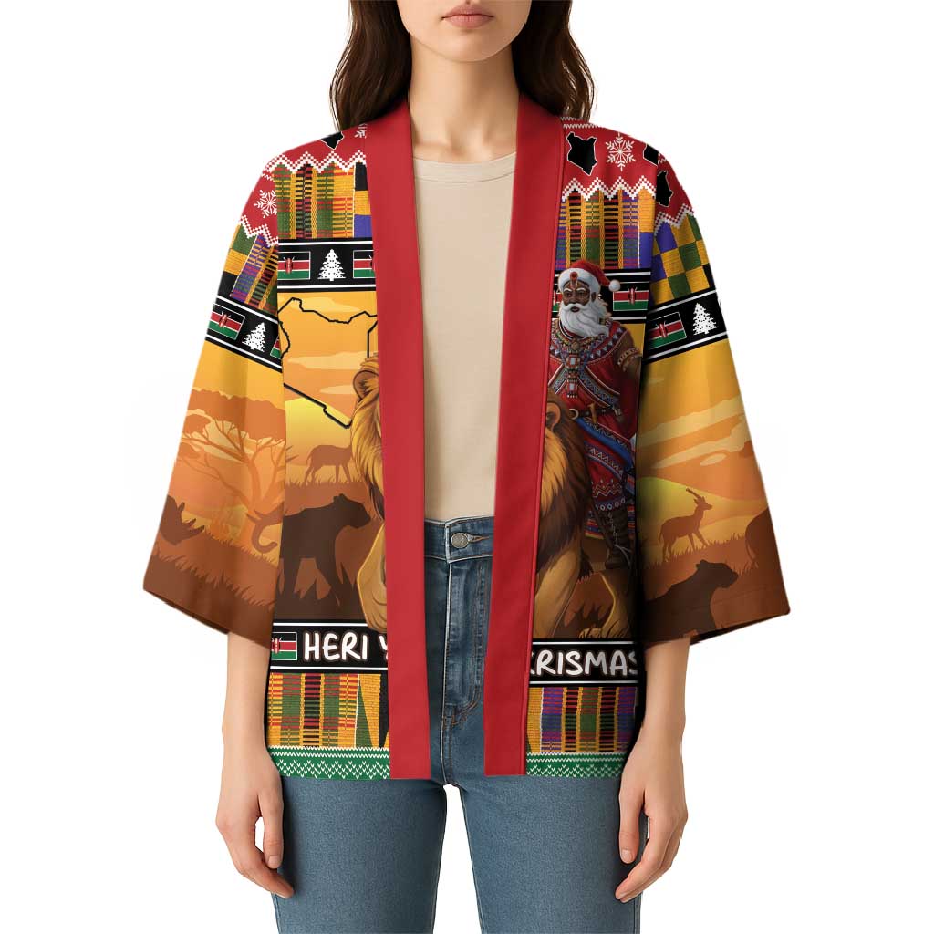 Kenya Safari Christmas Kimono Black Santa Riding Lion - Heri ya Krismasi - Wonder Print Shop