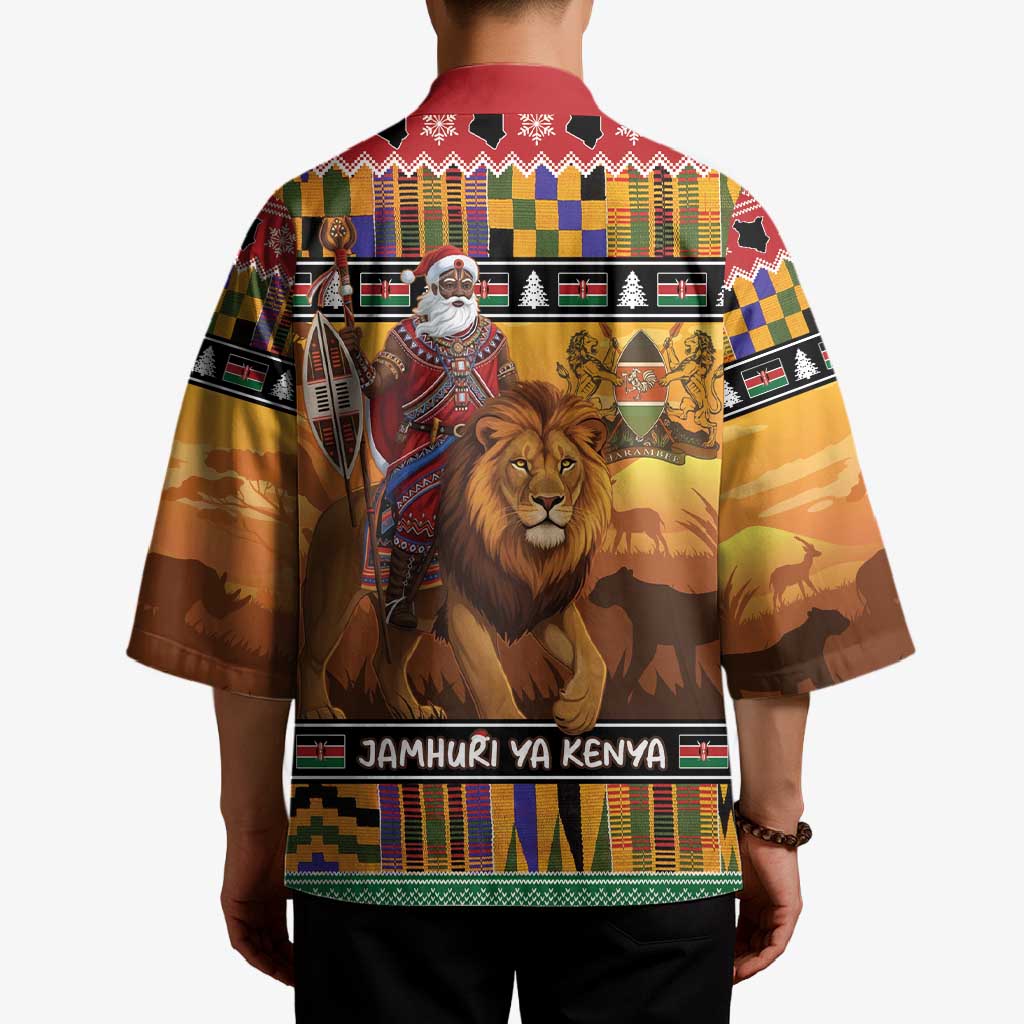 Kenya Safari Christmas Kimono Black Santa Riding Lion - Heri ya Krismasi - Wonder Print Shop