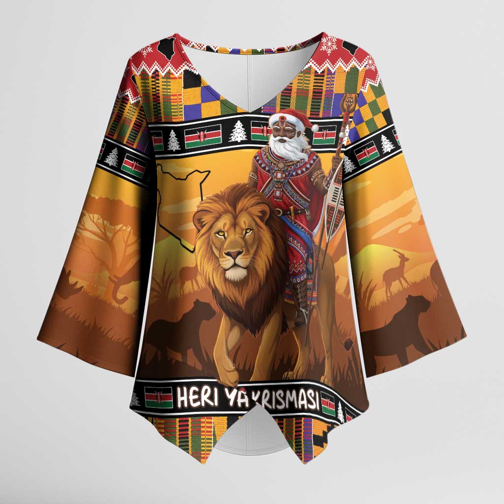Kenya Safari Christmas Kimono Sleeve Blouse Black Santa Riding Lion - Heri ya Krismasi - Wonder Print Shop