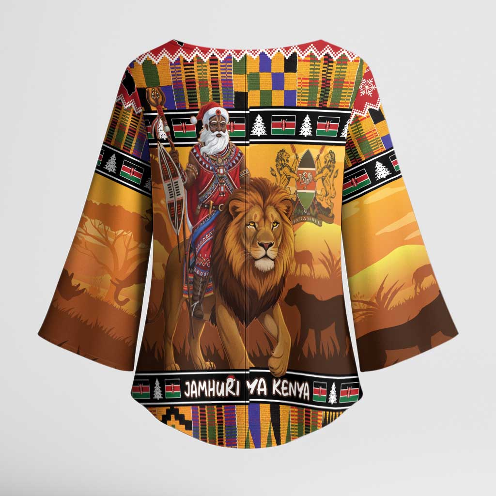 Kenya Safari Christmas Kimono Sleeve Blouse Black Santa Riding Lion - Heri ya Krismasi - Wonder Print Shop