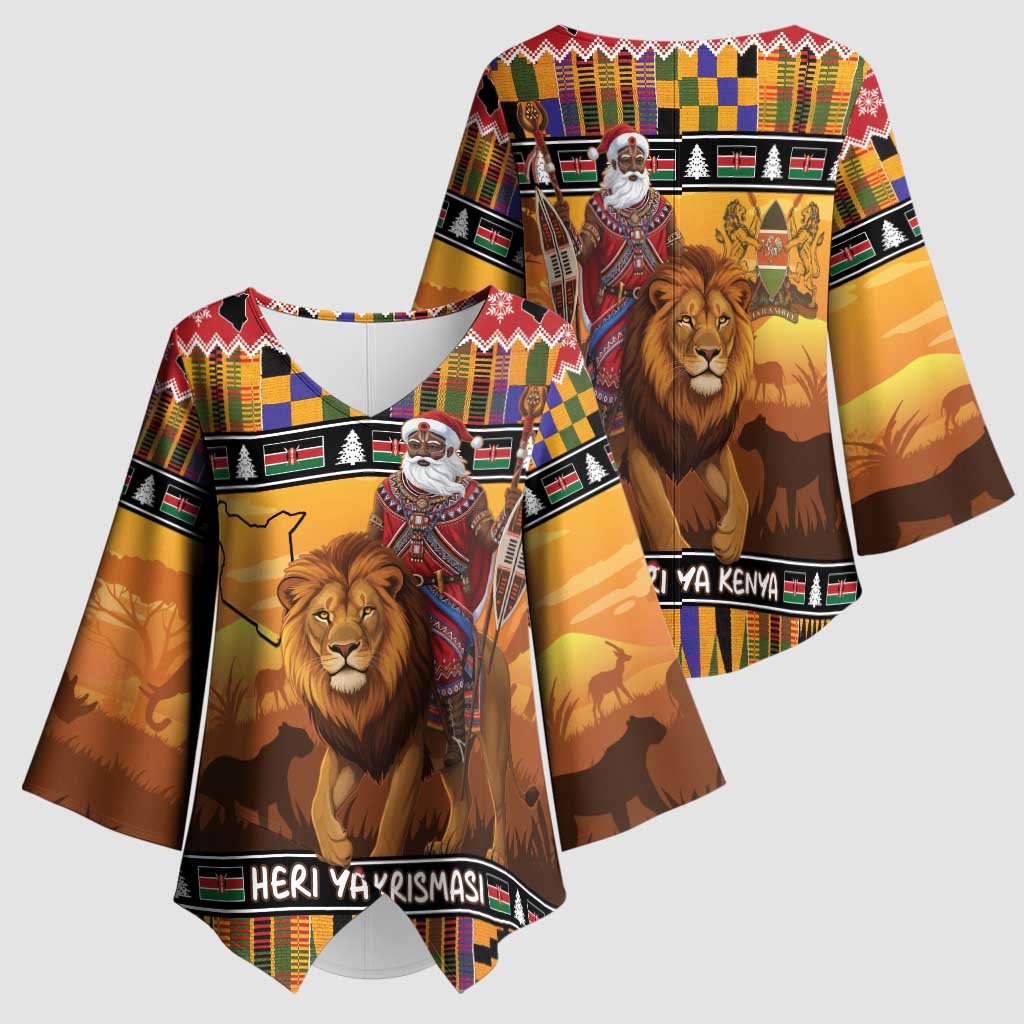 Kenya Safari Christmas Kimono Sleeve Blouse Black Santa Riding Lion - Heri ya Krismasi - Wonder Print Shop