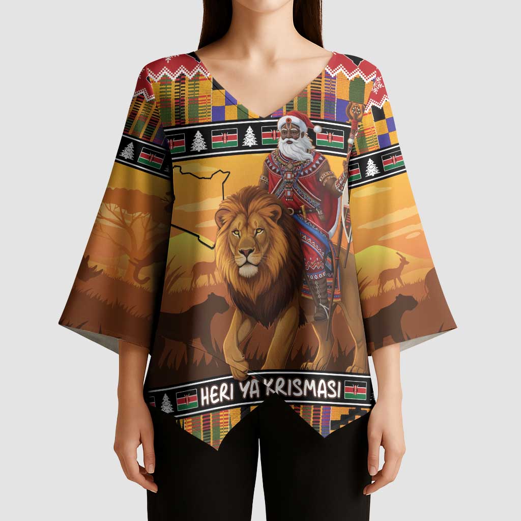 Kenya Safari Christmas Kimono Sleeve Blouse Black Santa Riding Lion - Heri ya Krismasi - Wonder Print Shop