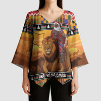 Kenya Safari Christmas Kimono Sleeve Blouse Black Santa Riding Lion - Heri ya Krismasi - Wonder Print Shop