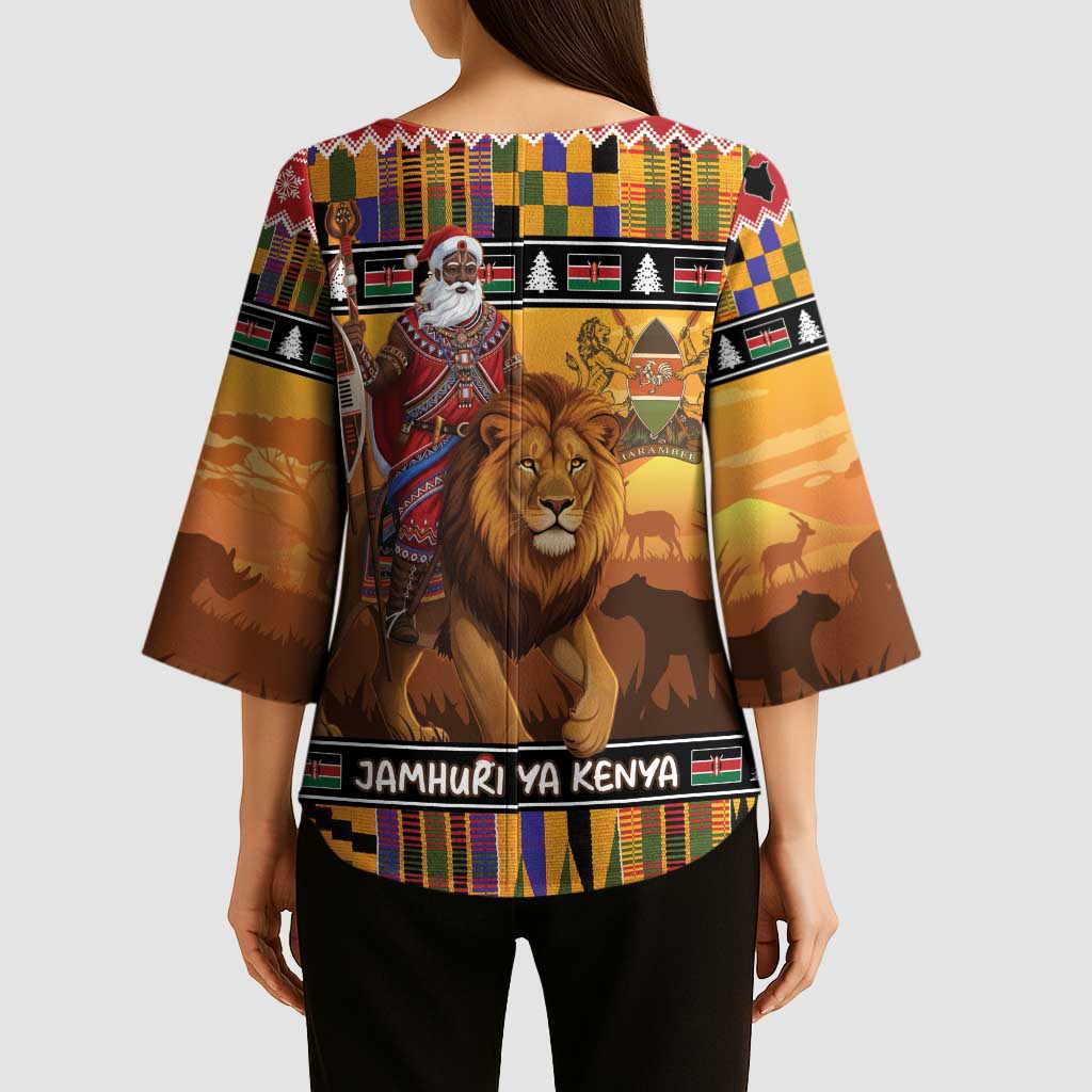 Kenya Safari Christmas Kimono Sleeve Blouse Black Santa Riding Lion - Heri ya Krismasi - Wonder Print Shop