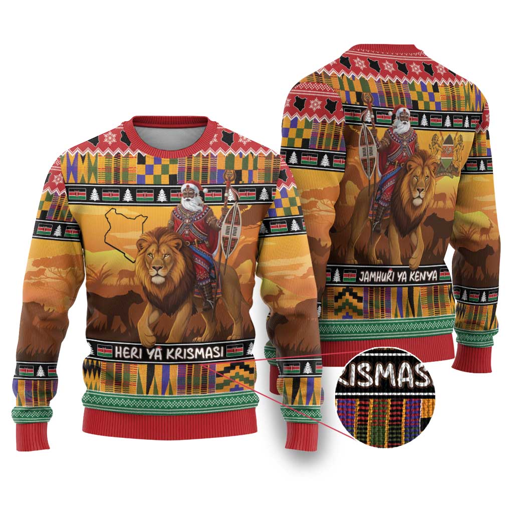 Kenya Safari Christmas Ugly Christmas Sweater Black Santa Riding Lion - Heri ya Krismasi - Wonder Print Shop