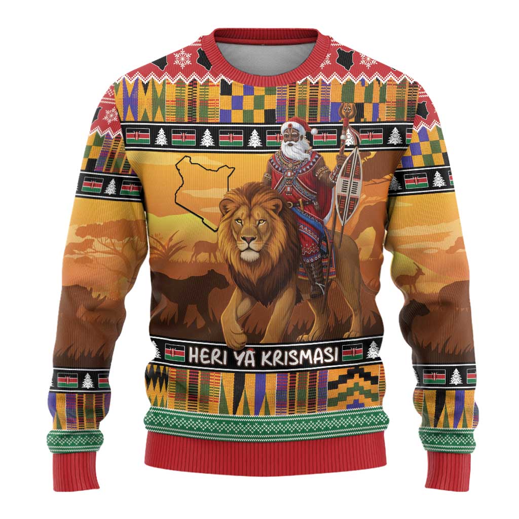 Kenya Safari Christmas Ugly Christmas Sweater Black Santa Riding Lion - Heri ya Krismasi - Wonder Print Shop