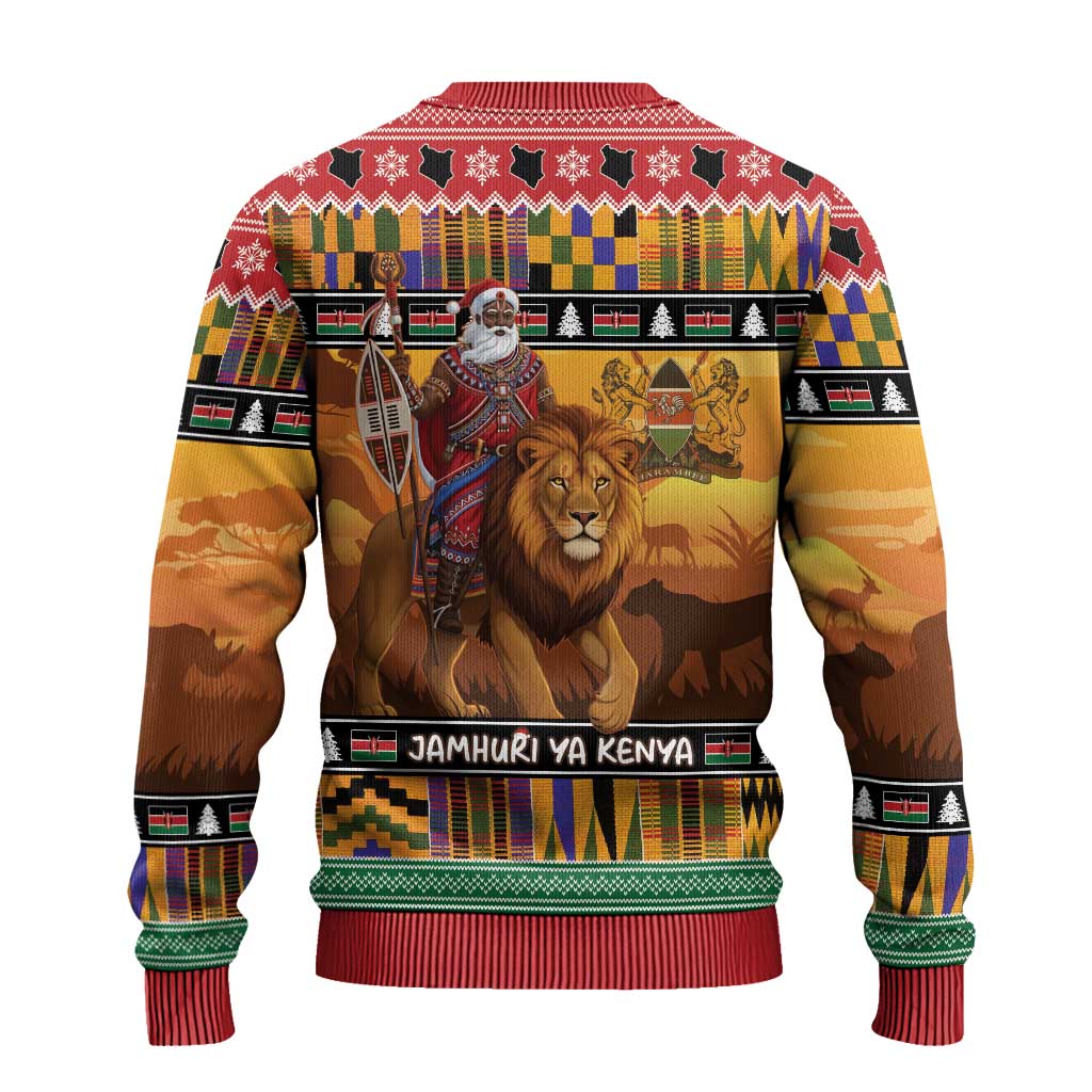 Kenya Safari Christmas Ugly Christmas Sweater Black Santa Riding Lion - Heri ya Krismasi - Wonder Print Shop