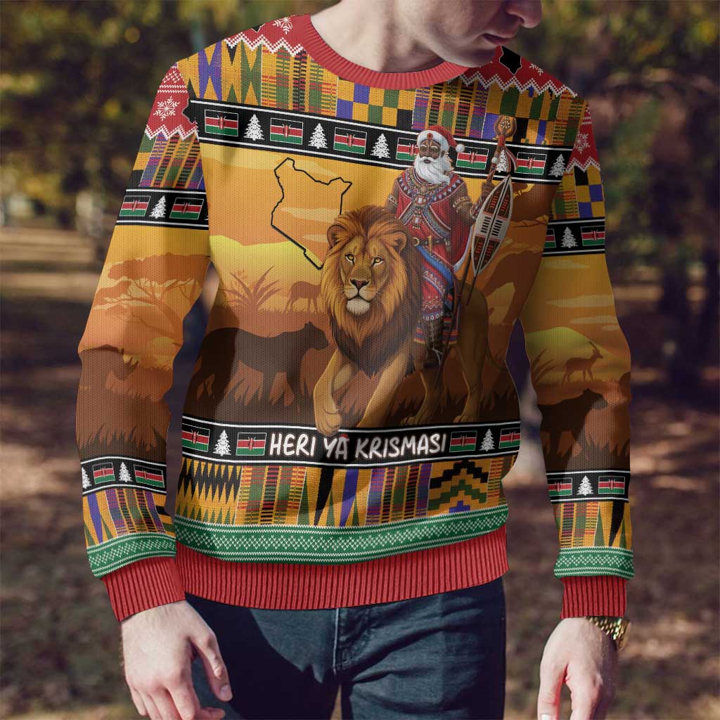Kenya Safari Christmas Ugly Christmas Sweater Black Santa Riding Lion - Heri ya Krismasi - Wonder Print Shop