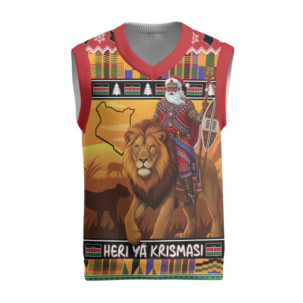 Kenya Safari Christmas Knitted V-Neck Vest Black Santa Riding Lion - Heri ya Krismasi - Wonder Print Shop