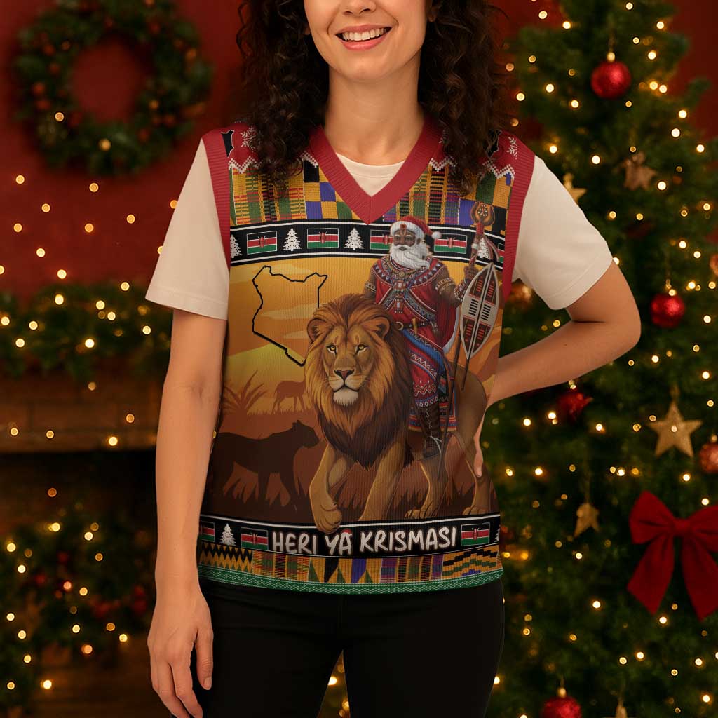 Kenya Safari Christmas Knitted V-Neck Vest Black Santa Riding Lion - Heri ya Krismasi - Wonder Print Shop