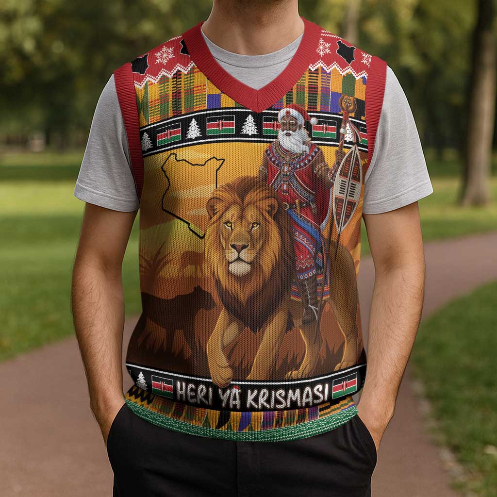 Kenya Safari Christmas Knitted V-Neck Vest Black Santa Riding Lion - Heri ya Krismasi - Wonder Print Shop