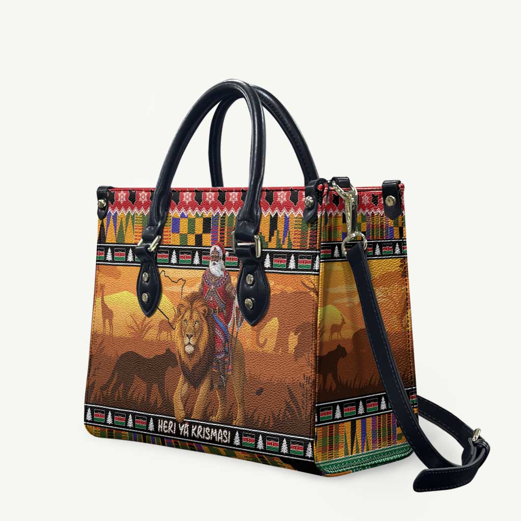 Kenya Safari Christmas Leather Bag Black Santa Riding Lion - Heri ya Krismasi - Wonder Print Shop