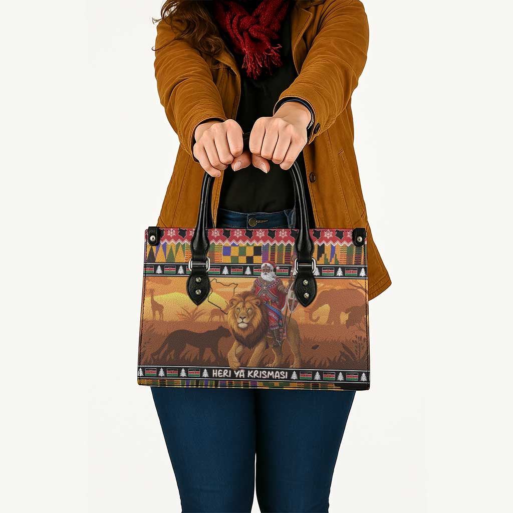 Kenya Safari Christmas Leather Bag Black Santa Riding Lion - Heri ya Krismasi - Wonder Print Shop