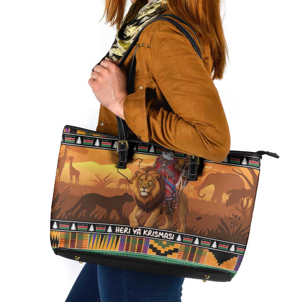 Kenya Safari Christmas Leather Tote Bag Black Santa Riding Lion - Heri ya Krismasi - Wonder Print Shop