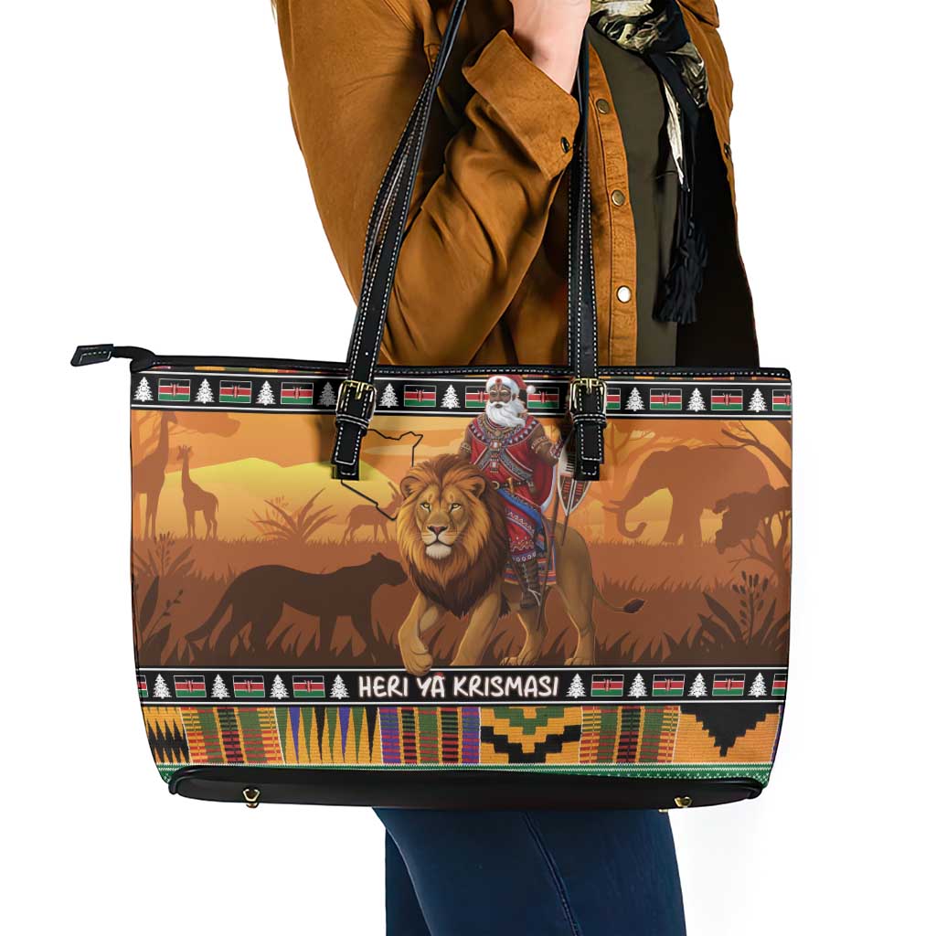 Kenya Safari Christmas Leather Tote Bag Black Santa Riding Lion - Heri ya Krismasi - Wonder Print Shop