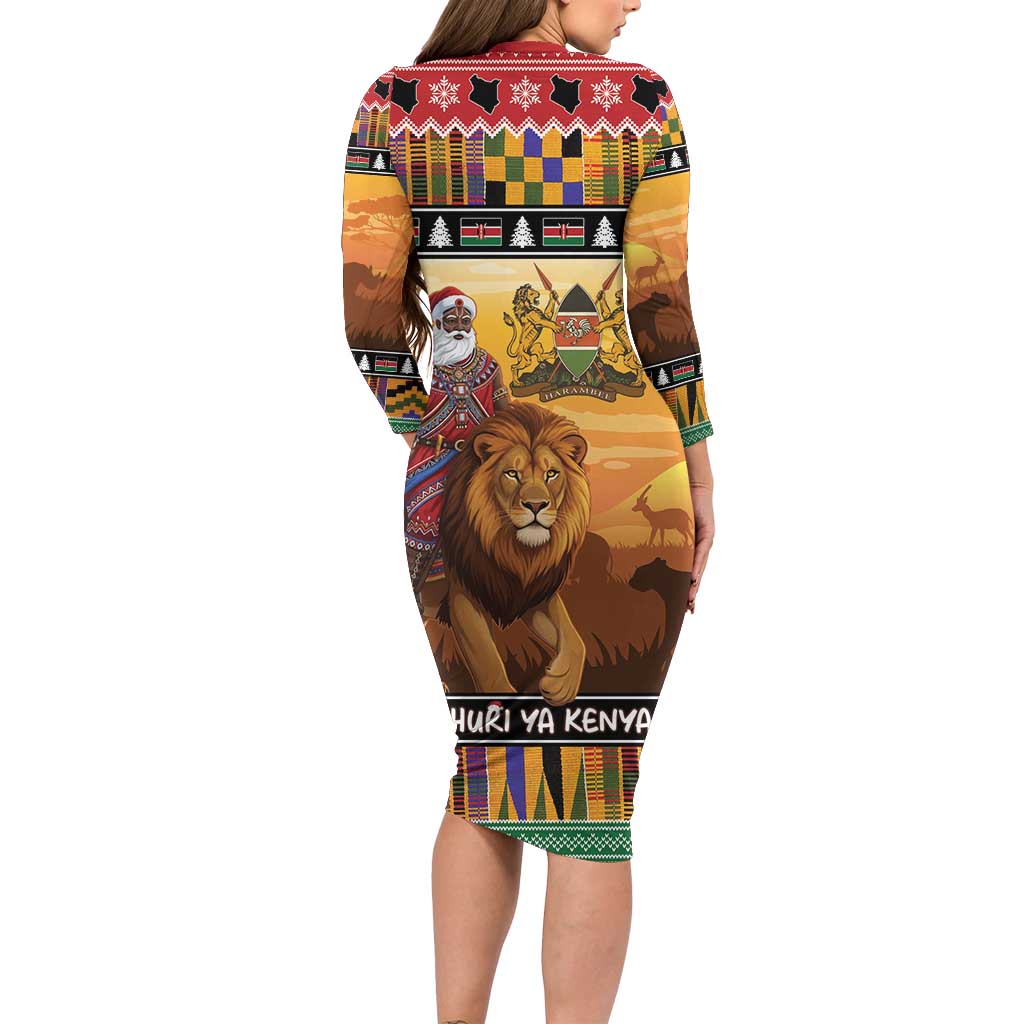 Kenya Safari Christmas Long Sleeve Bodycon Dress Black Santa Riding Lion - Heri ya Krismasi - Wonder Print Shop