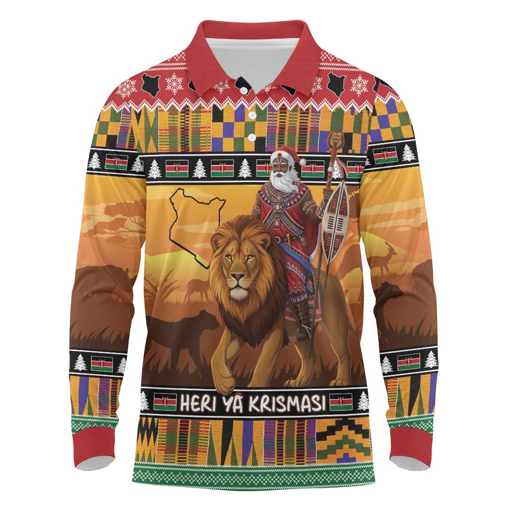 Kenya Safari Christmas Long Sleeve Polo Shirt Black Santa Riding Lion - Heri ya Krismasi - Wonder Print Shop