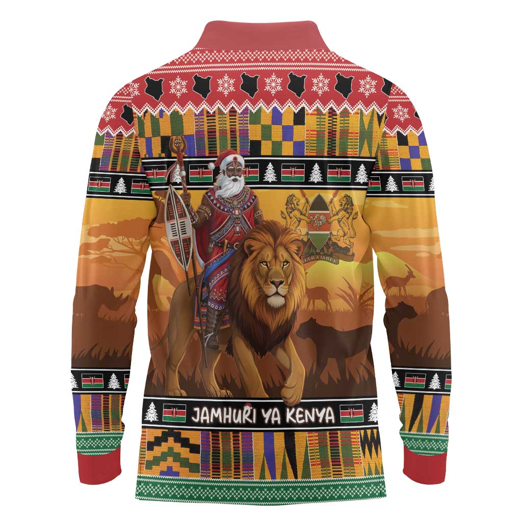 Kenya Safari Christmas Long Sleeve Polo Shirt Black Santa Riding Lion - Heri ya Krismasi - Wonder Print Shop