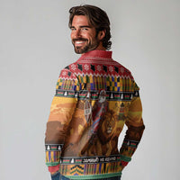 Kenya Safari Christmas Long Sleeve Polo Shirt Black Santa Riding Lion - Heri ya Krismasi - Wonder Print Shop