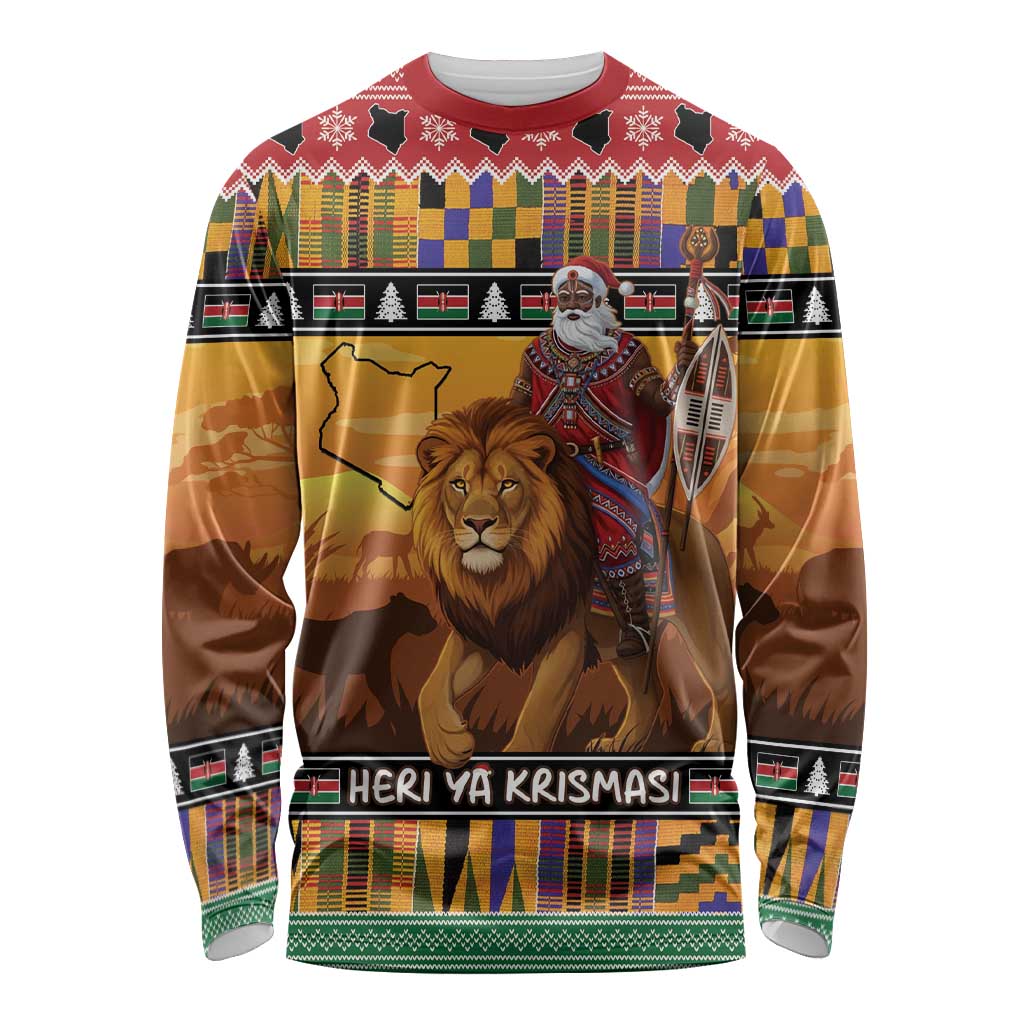 Kenya Safari Christmas Long Sleeve Shirt Black Santa Riding Lion - Heri ya Krismasi - Wonder Print Shop