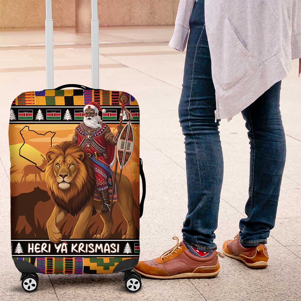 Kenya Safari Christmas Luggage Cover Black Santa Riding Lion - Heri ya Krismasi - Wonder Print Shop