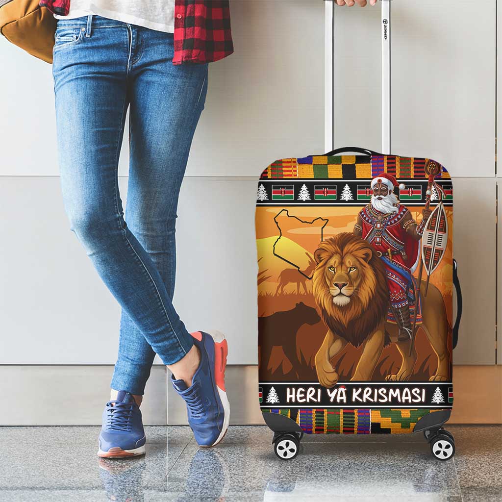 Kenya Safari Christmas Luggage Cover Black Santa Riding Lion - Heri ya Krismasi - Wonder Print Shop