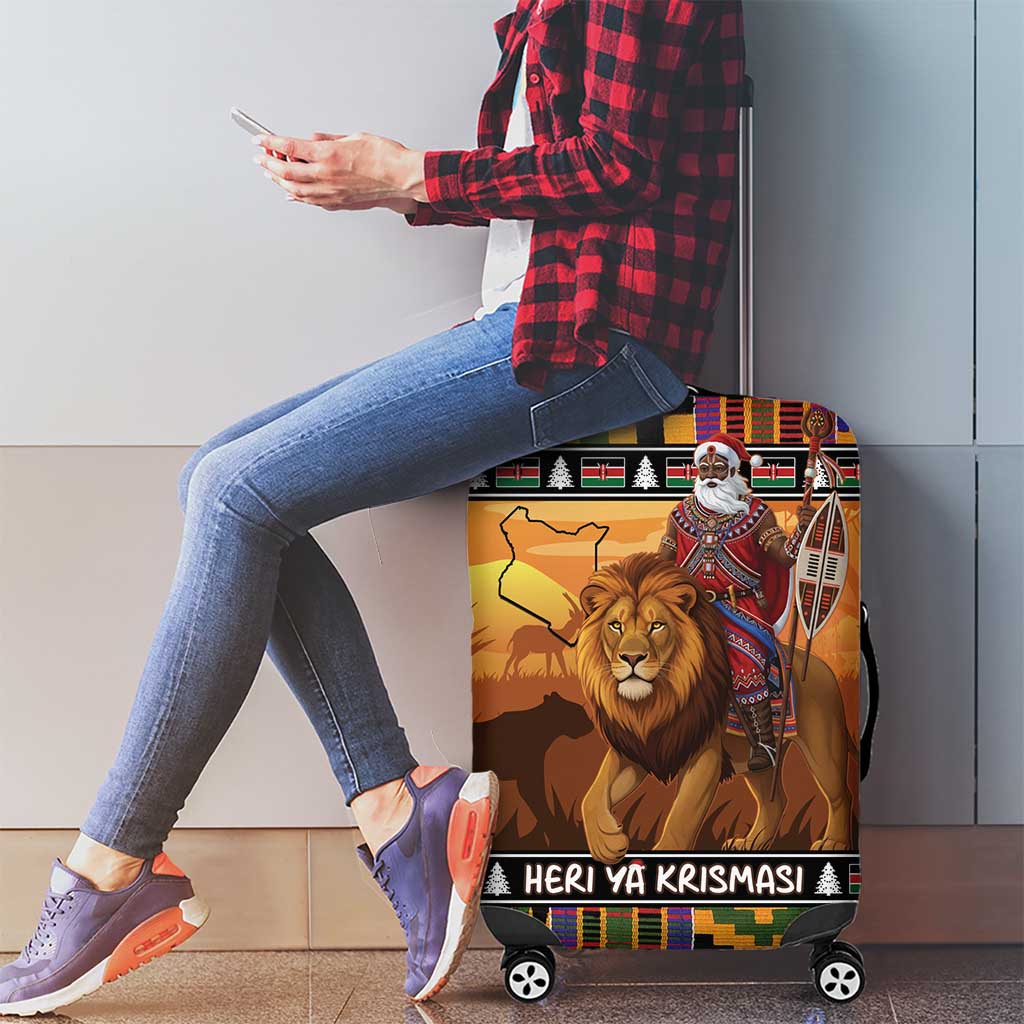 Kenya Safari Christmas Luggage Cover Black Santa Riding Lion - Heri ya Krismasi - Wonder Print Shop