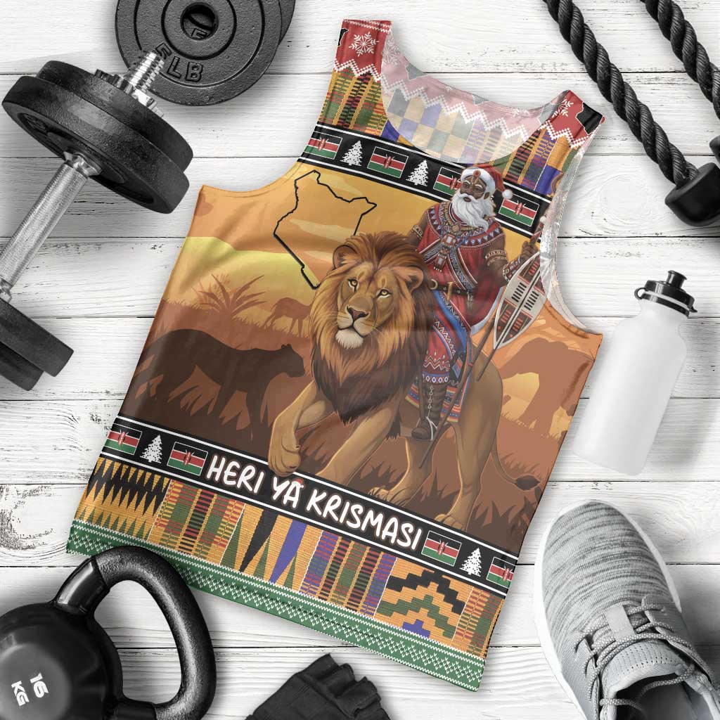 Kenya Safari Christmas Men Tank Top Black Santa Riding Lion - Heri ya Krismasi - Wonder Print Shop
