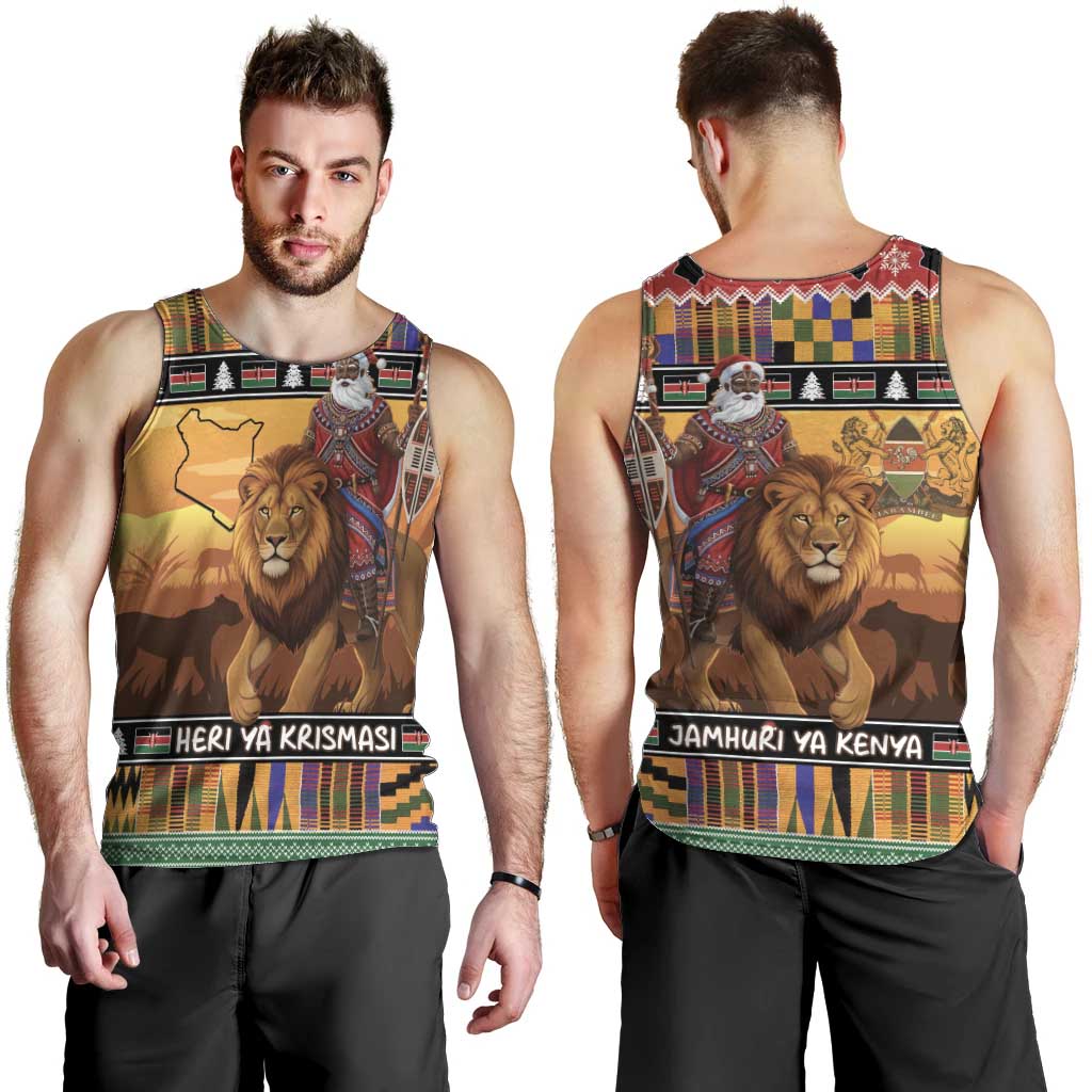 Kenya Safari Christmas Men Tank Top Black Santa Riding Lion - Heri ya Krismasi - Wonder Print Shop