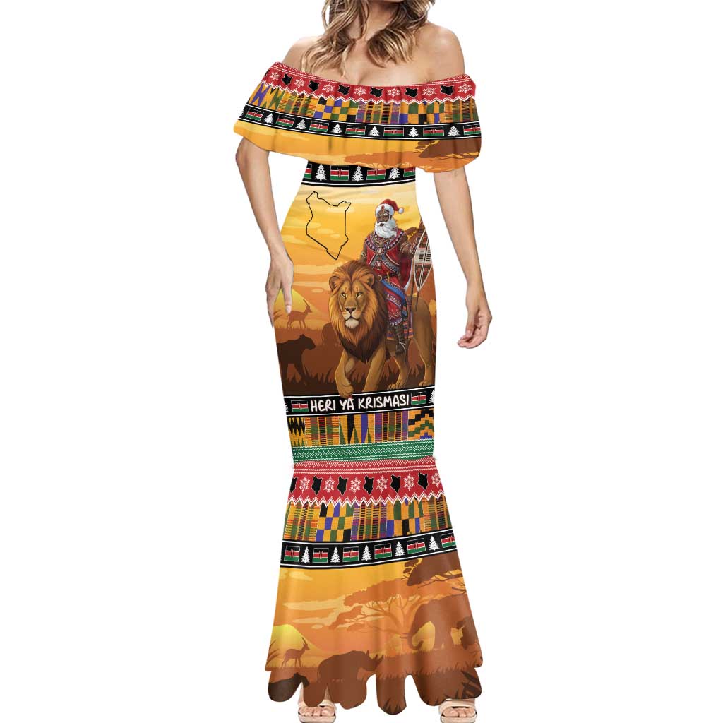 Kenya Safari Christmas Mermaid Dress Black Santa Riding Lion - Heri ya Krismasi - Wonder Print Shop