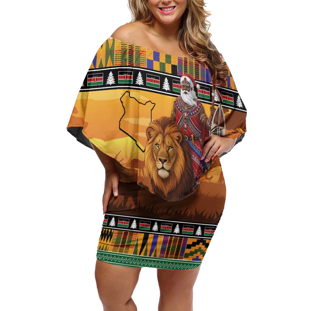 Kenya Safari Christmas Off Shoulder Short Dress Black Santa Riding Lion - Heri ya Krismasi - Wonder Print Shop