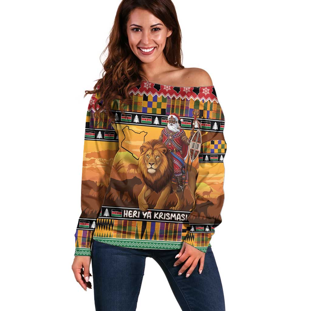 Kenya Safari Christmas Off Shoulder Sweater Black Santa Riding Lion - Heri ya Krismasi - Wonder Print Shop