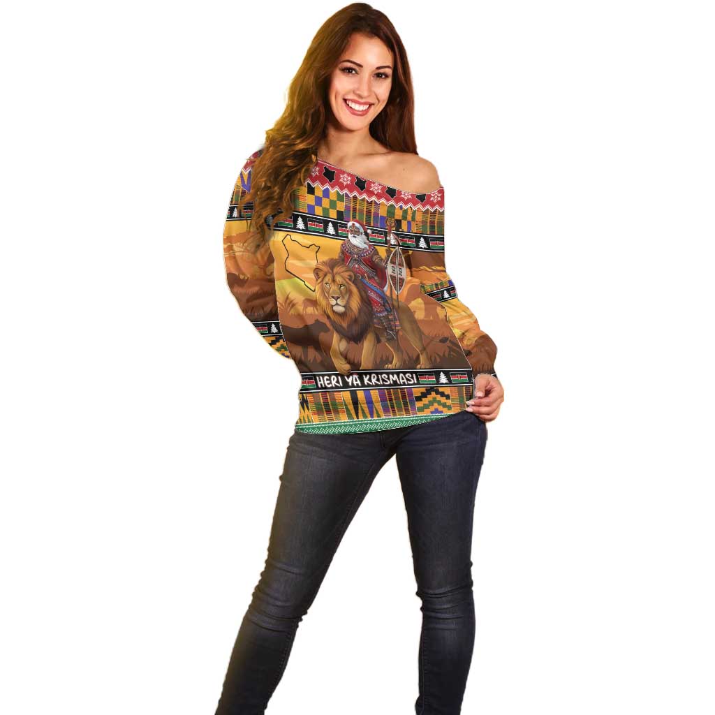 Kenya Safari Christmas Off Shoulder Sweater Black Santa Riding Lion - Heri ya Krismasi - Wonder Print Shop