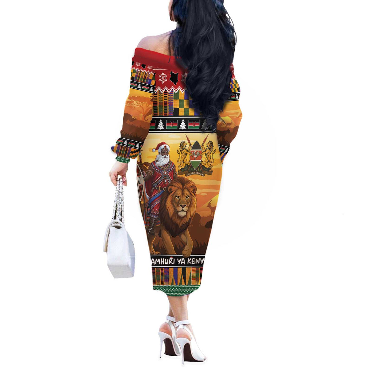 Kenya Safari Christmas Off The Shoulder Long Sleeve Dress Black Santa Riding Lion - Heri ya Krismasi - Wonder Print Shop