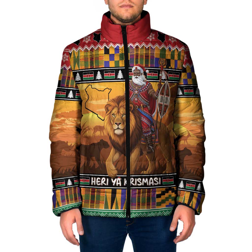 Kenya Safari Christmas Padded Jacket Black Santa Riding Lion - Heri ya Krismasi - Wonder Print Shop