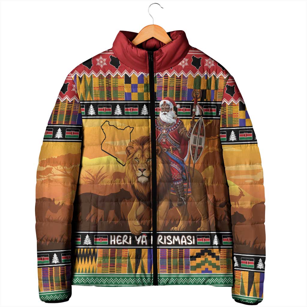 Kenya Safari Christmas Padded Jacket Black Santa Riding Lion - Heri ya Krismasi - Wonder Print Shop