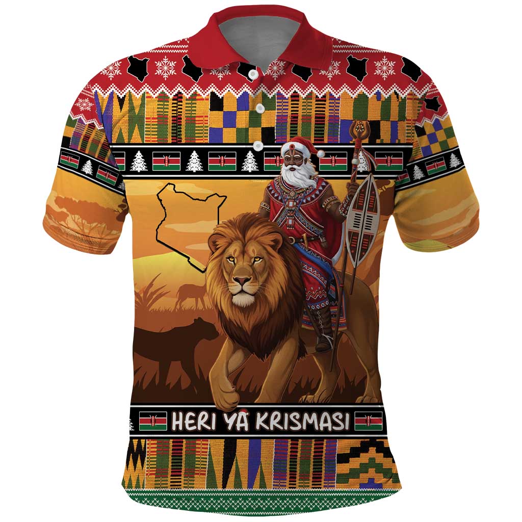 Kenya Safari Christmas Polo Shirt Black Santa Riding Lion - Heri ya Krismasi - Wonder Print Shop