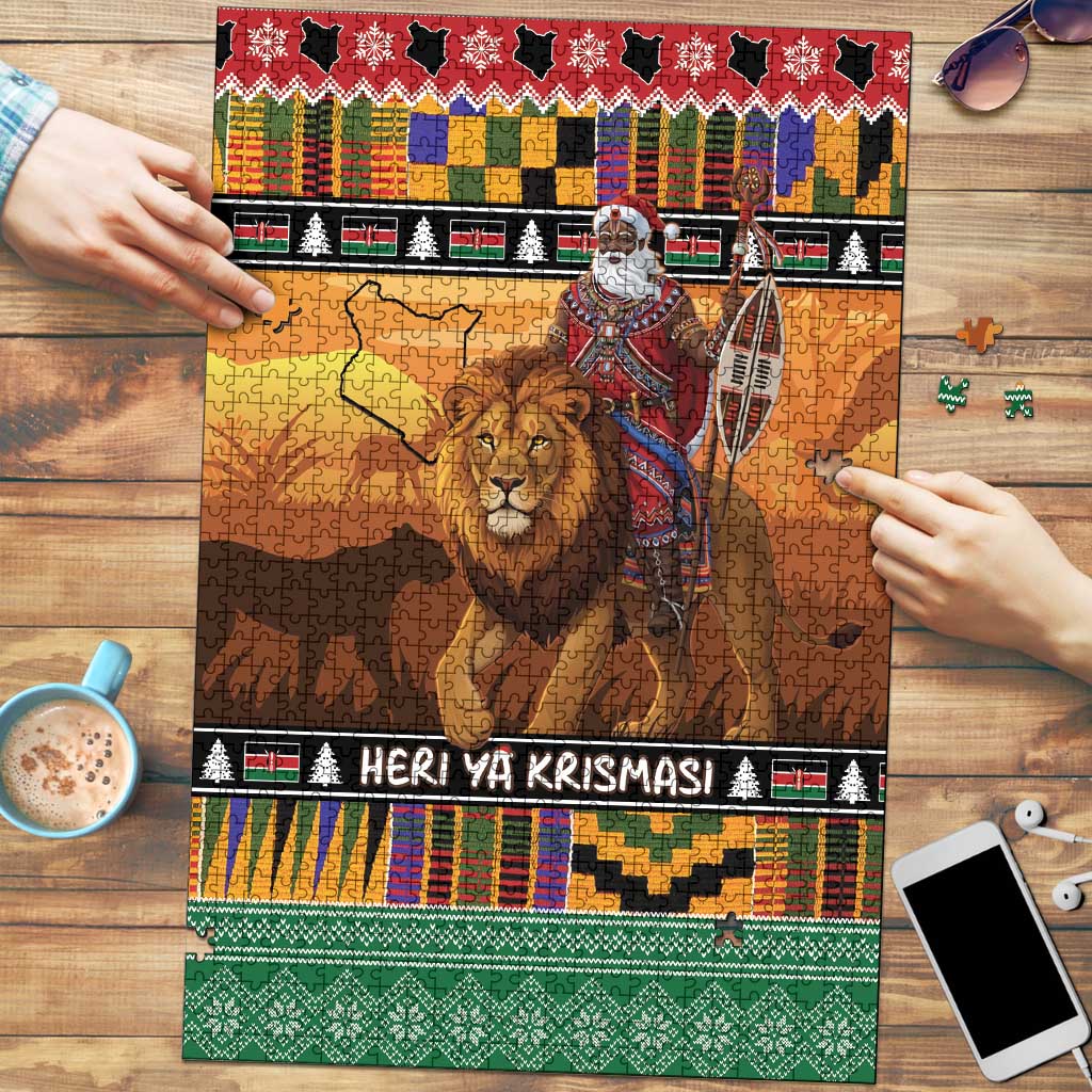 Kenya Safari Christmas Puzzle Black Santa Riding Lion - Heri ya Krismasi - Wonder Print Shop