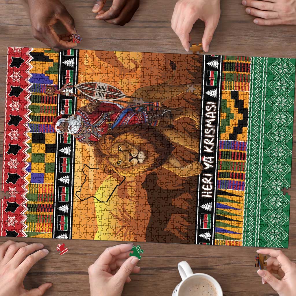 Kenya Safari Christmas Puzzle Black Santa Riding Lion - Heri ya Krismasi - Wonder Print Shop