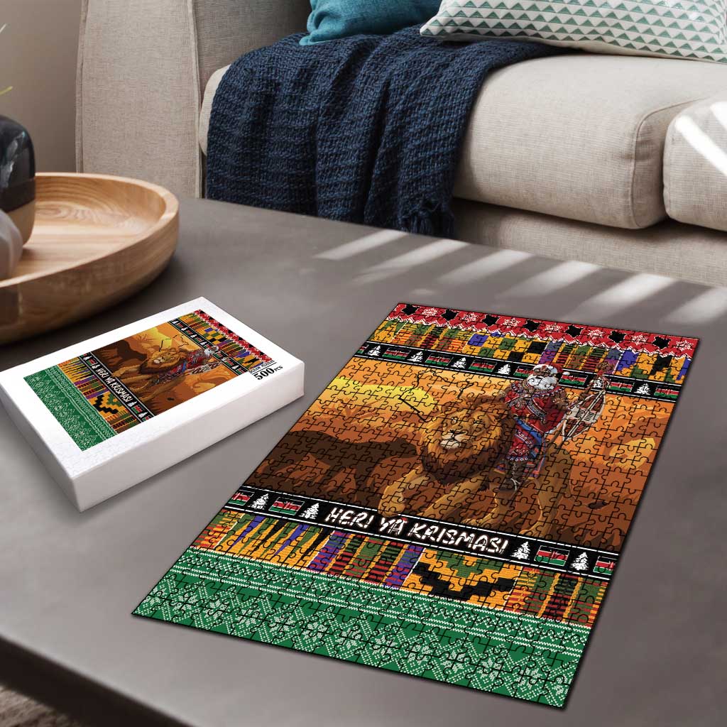 Kenya Safari Christmas Puzzle Black Santa Riding Lion - Heri ya Krismasi - Wonder Print Shop